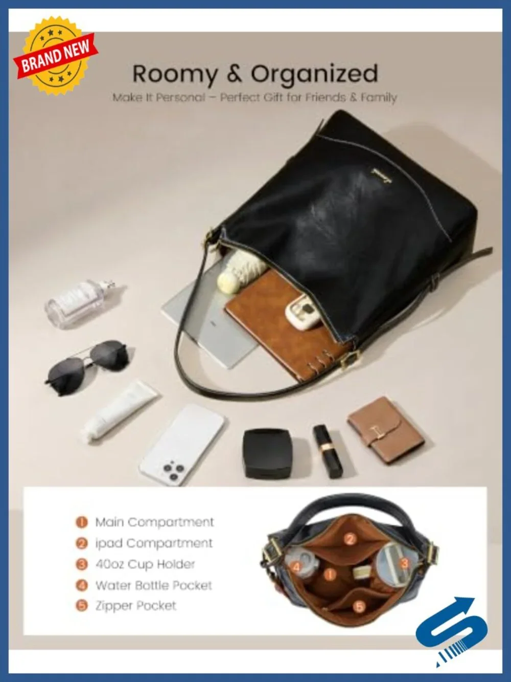 Faux Leather Hobo Handbag with Hidden Cup Holder, Adjustable Crossbody Strap,